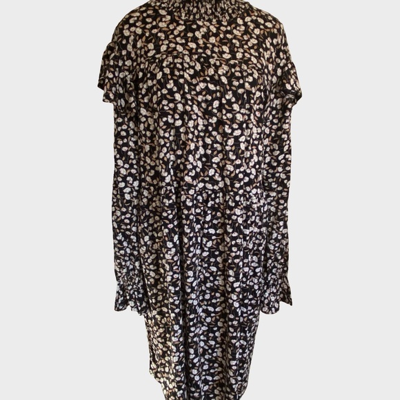Pieces Black White Floral Flutter Long Sleeve Smocked Mock Neck Dress-Sz-XL - Picture 1 of 16